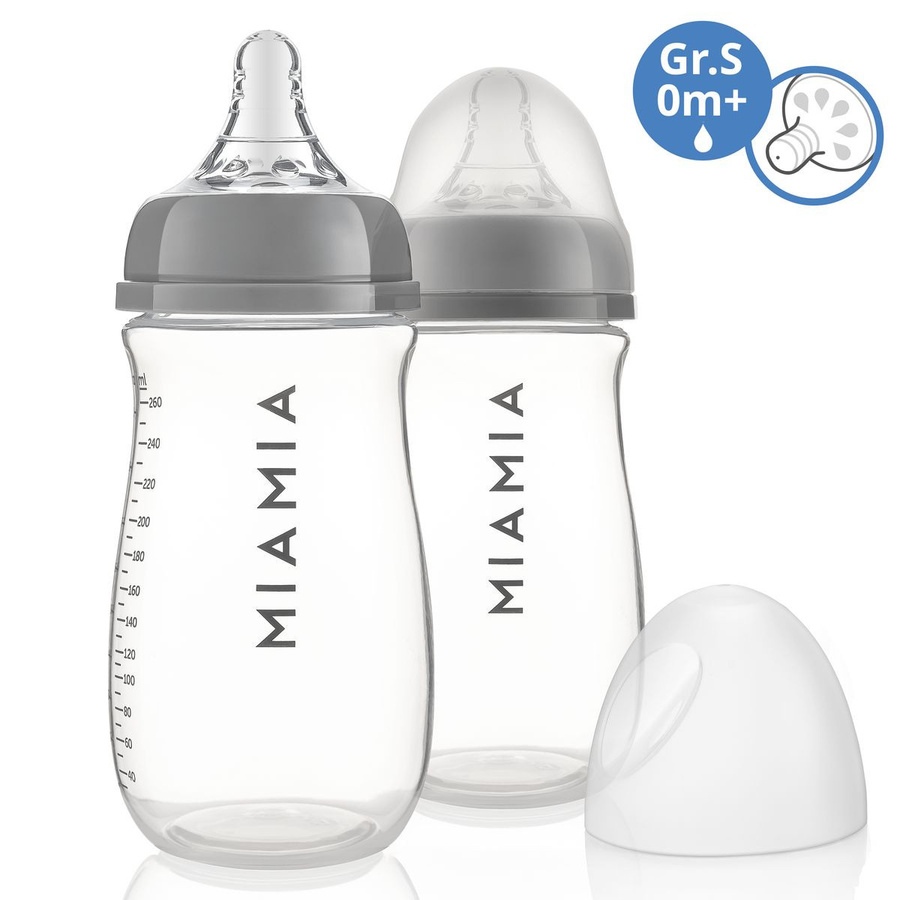 MiaMia PP-Flaschen 2er Pack mit Silikon-Trinksauger Grösse S, Grau, 260 ml mit Anti-Colic-Ventil und Flaschenöffnung mit breitem Hals - Bild 1