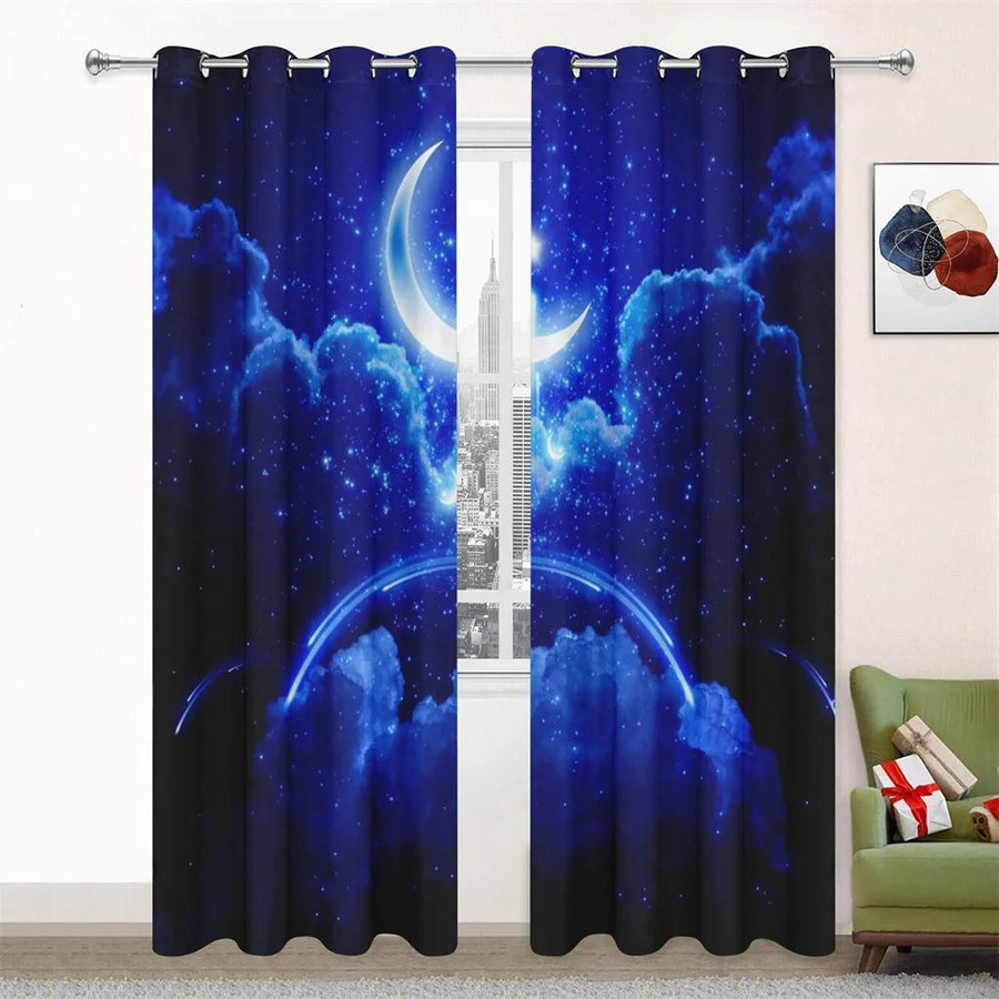 Yiran Furniture Sonnenschutz Vorhänge Mond Sternenhimmel Serie mit Digitaldruck, B: 50 cm, H: 130 cm, 2er-Set - Bild 1