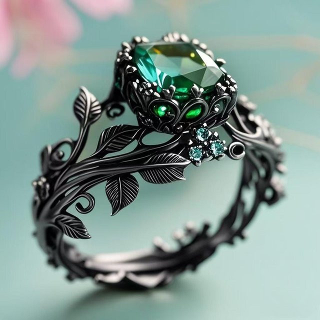 Ring Totem, grüner Kristall, schwarz, Damen - Bild 1