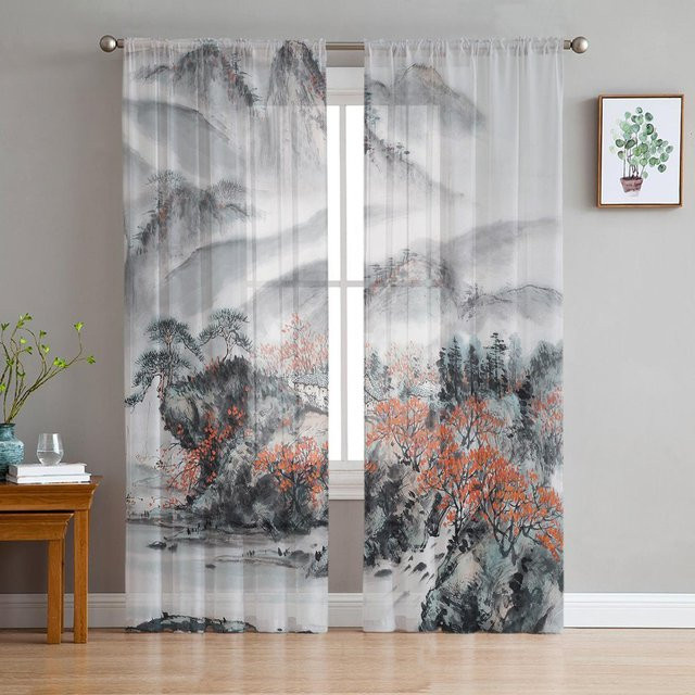 Transparenter Voile-Vorhang mit chinesischem Tusche-Landschaftsdruck und Bambus-Motiv, Chiffon-Tüll-Fensterdekoration mit Ösen, B/H: 100 x 250 cm, Mehrfarbig - Bild 1