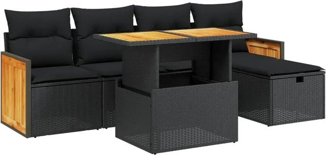 vidaXL 6-teilige Garten-Sofagarnitur aus Poly-Rattan und Akazienholz in Schwarz mit UV-beständigen Kissen - Bild 1