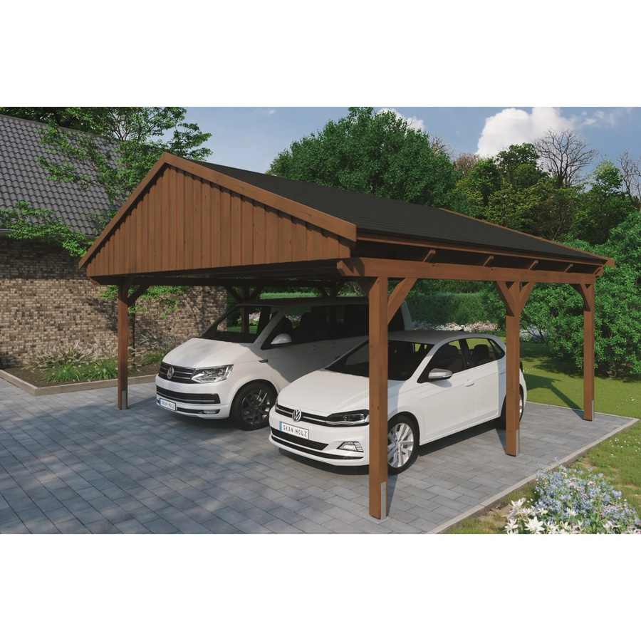 Skan Holz Carport Fichtelberg aus Fichte Leimholz in Nussbaum Braun mit spitzer Dachform und schwarzen Dachschindeln B: 618 cm, T: 566 cm, H: 362 cm - Bild 2