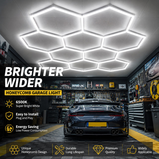 PIBAOGU Modulare LED-Garagenleuchten in Wabenform, Superhelle Deckenleuchte 6500K Kaltweiß für Auto-Detailing, Werkstätten und Ausstellungsräume - Bild 1