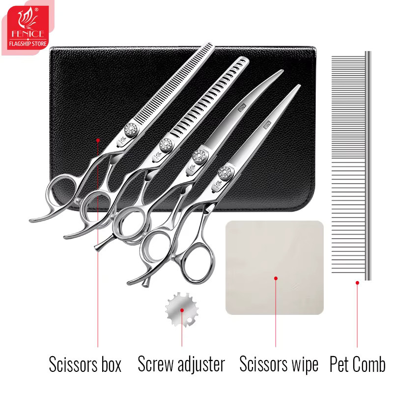 Fenice JP440C Professionelles 7-Zoll-Scheren-Set für die linke Hand in Silber aus Edelstahl mit gerade, gebogen, Chunker und Effilierschere für die Hundepflege - Bild 6