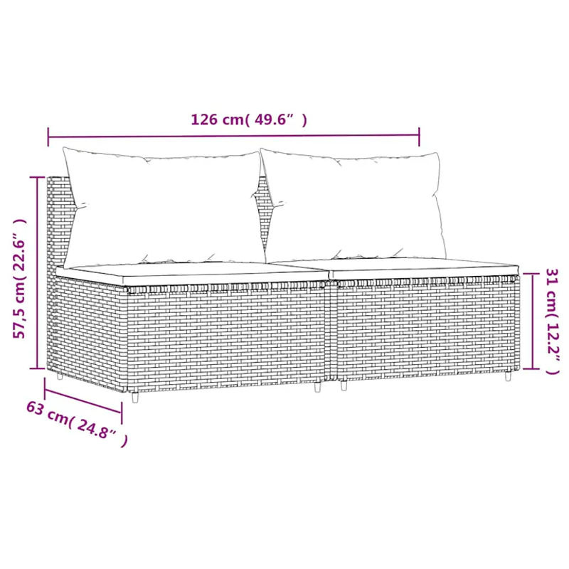 Vidaxl Mittlere Sofamodule aus Polyrattan mit Kissen, 2 Stück, Braun - Bild 3