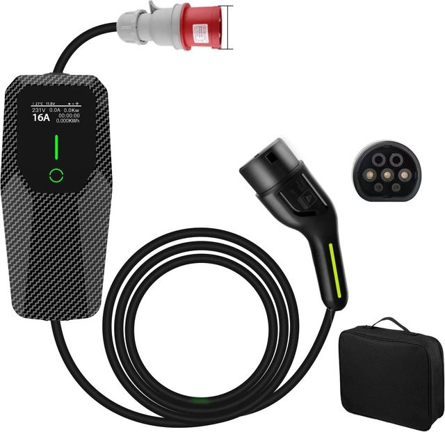 Junsun EV Ladegerät 11kW mit 5m Type 2 Kabel, 3-phasig, 6-16A, Schwarz - Bild 1