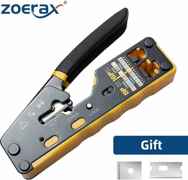 ZoeRax RJ45 Pass Through Ethernet Crimpzange für Cat6 Cat5 Cat5e in Gelb mit Ersatzklinge - Bild 1