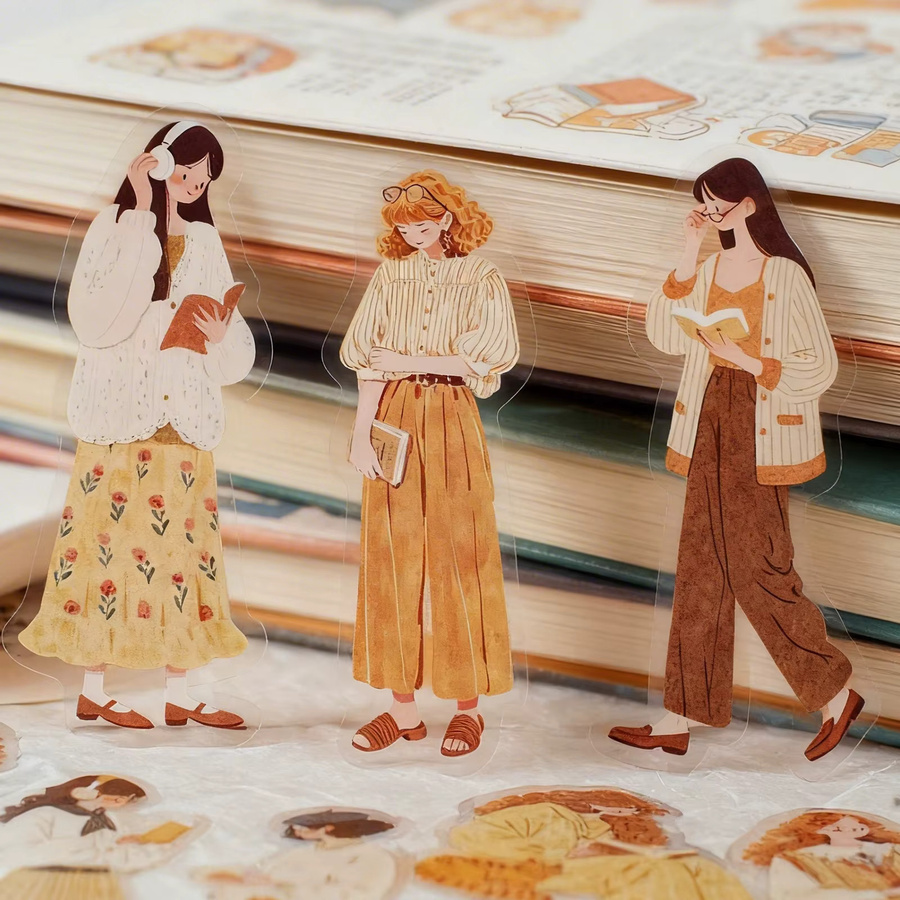 Etori Life Vintage Reading Girl Aufkleber Set, 30 Stück, Caramel Warm Tone, Künstlerische Sticker für Journaling und DIY-Dekoration, Braun und Mehrfarbig - Bild 3