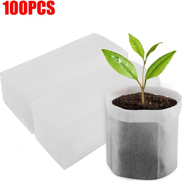 100 Stück biologisch abbaubare Pflanzenwachstumsbeutel aus Vliesstoff in Weiß für die Aussaat und den Gartenbau - Bild 1
