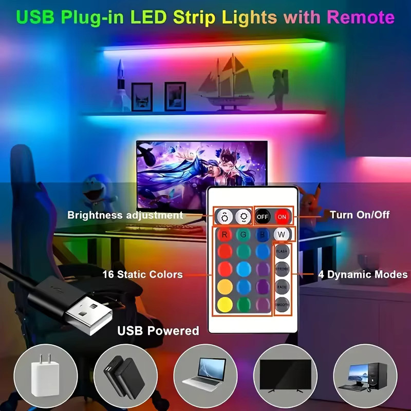 Shine-Tale RGB LED USB-Lichtstreifen mit Fernbedienung, Farbwechselnde 5050 SMD Beleuchtung in Multicolour für TV-Hintergrundbeleuchtung, Gaming-Raum und Kinderzimmer - Bild 4