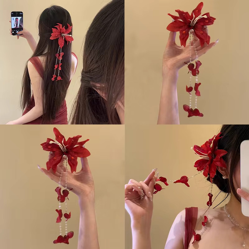 Velishy Haarspange Blumen-Entenschnabel-Clip mit Glasperlen und Quasten, Damen - Bild 2