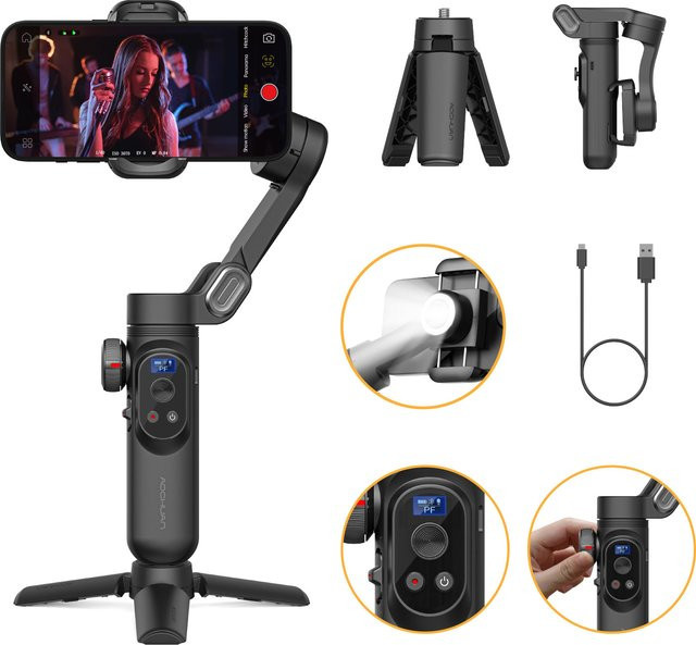 VIKEFON Smart XPro 3-Achsen-Gimbal-Stabilisator für iPhone und Android Smartphones mit Fill-Light-Effekt in Schwarz - Bild 1