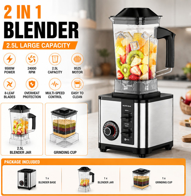 2-in-1 Hochgeschwindigkeits-Standmixer und Zerkleinerer mit 9500W, 8-Klingen-Smoothie-Maker und 24000 U/min, Silber, 2,5 l - Bild 1