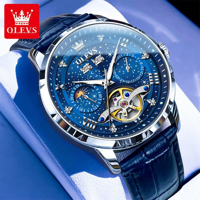 OLEVS Armbanduhr Automatik, Edelstahl, Blau, Leder, Herren - Bild 1