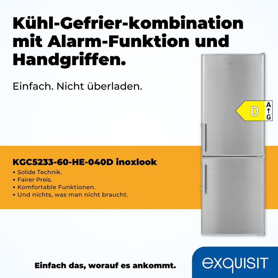 Exquisit KGC5233-60-HE-040D Kühl-Gefrierkombination in Silver Inoxlook, freistehend mit Gefrierfach unten, B/T/H: 60 x 66 x 173 cm - Bild 2