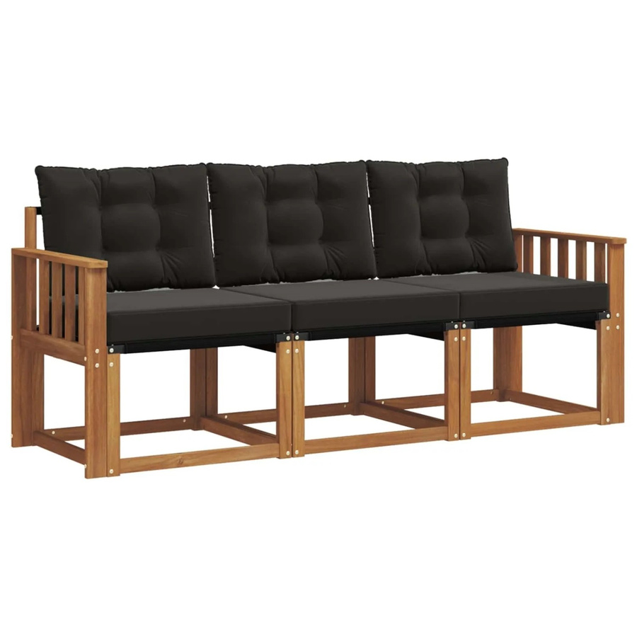 vidaXL Outdoor-Sofagarnitur 3-teilig aus Akazienholz und Textilene in Natur und Schwarz mit Kissen und Armlehnen - Bild 2