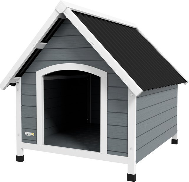 PawHut Hundehütte aus Holz für draußen in Grau mit herausnehmbarem Boden und höhenverstellbaren Kunststoffbeinen, B/T/H: 84 x 99 x 87 cm, Aosom - Bild 1