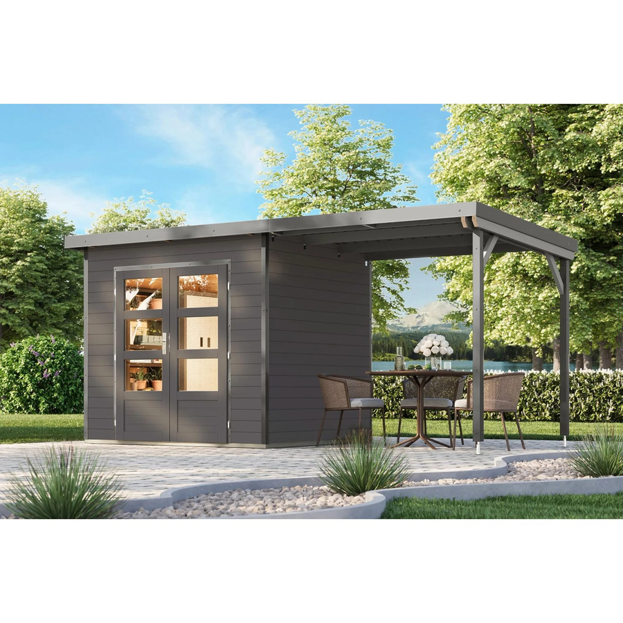 Karibu Gartenhaus Domingo 2 B mit Anbaudach aus Holz in Grau - Bild 2