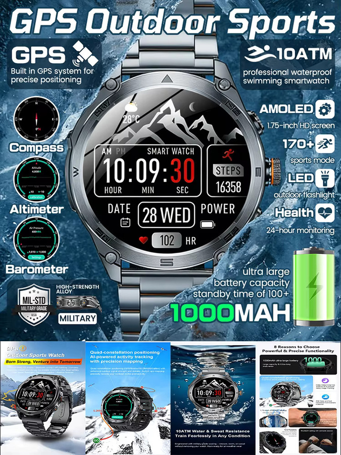 GUHUAVMI Outdoor GPS Militär-Smartwatch für Herren in Rot mit Bluetooth-Anruf, 10ATM Wasserdichtigkeit und Taschenlampe - Bild 6