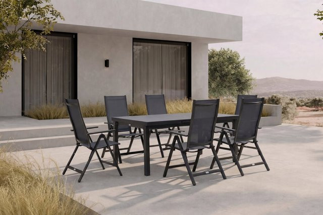 OUTFLEXX Premium Garten-Essgruppe in Anthrazit und Grau aus Aluminium, Textilene und Sicherheitsglas mit Ausziehtisch und 6 Klappstühlen - Bild 1