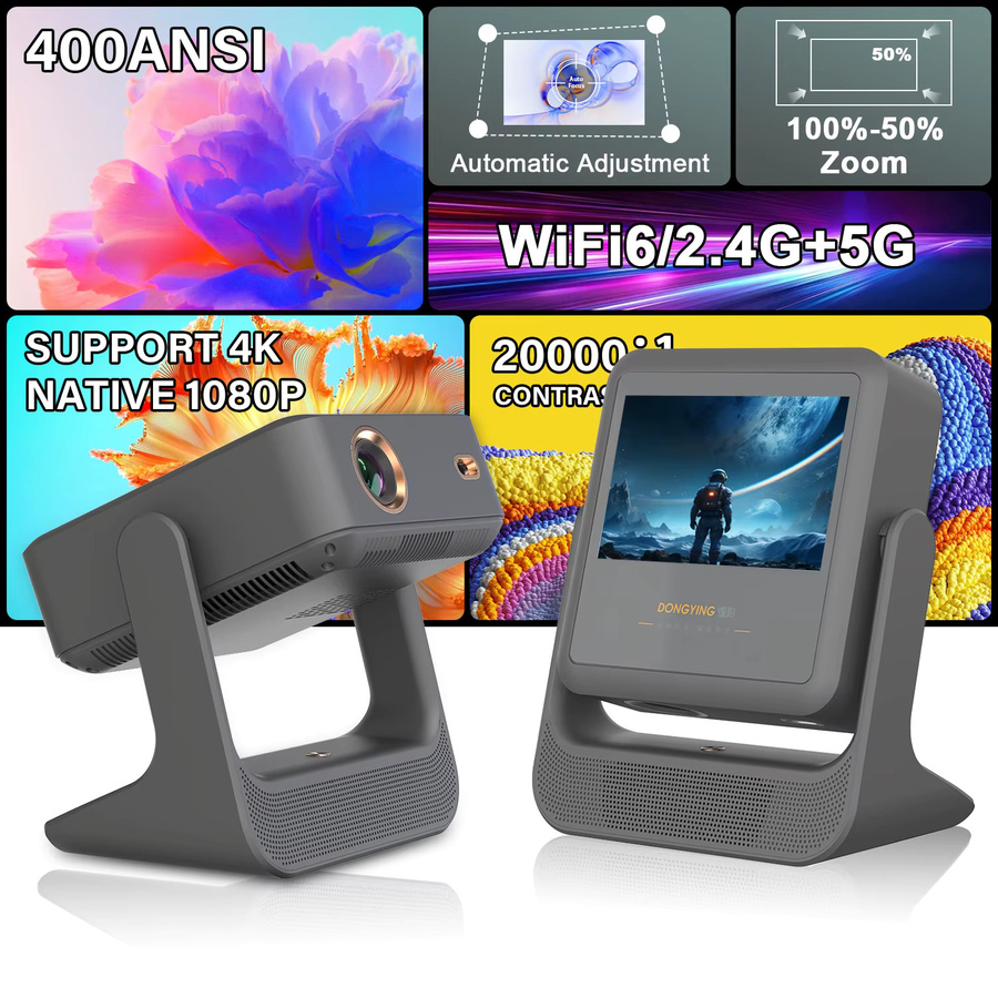 DONGYING Beamer mit Autofokus, 4K UHD und 1080P Auflösung, Android 12, 8-Zoll-Touchscreen, WiFi, Bluetooth, HDMI und USB mit 180 Grad Rotation - Bild 2