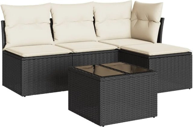 vidaXL 5-tlg Garten-Sofagarnitur in L-Form mit Polsterkissen und Couchtisch, Schwarz - Bild 1