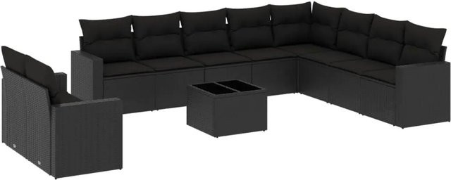 vidaXL 11-tlg Garten-Sofagarnitur in L-Form aus schwarzem Poly-Rattan mit wetterfesten Kissen und pulverbeschichtetem Stahlgestell - Bild 1