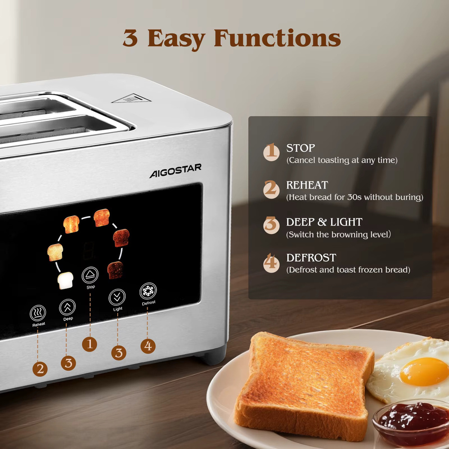 Aigostar Edelstahl Toaster in Silber mit LED-Touchscreen, 850W, 2 Scheiben, 4 cm extra breite Toastschlitze und 6 Bräunungsstufen - Bild 4