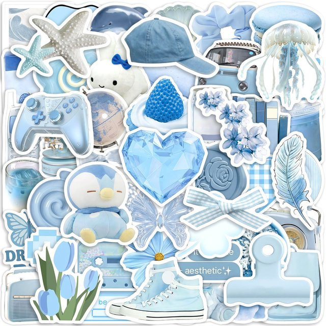 50 Stück hellblaue Doodle-Aufkleber im Ins-Stil von RecordingYourLife Store, wasserfeste Aufkleber für Journal-DIY und Dekoration - Bild 1