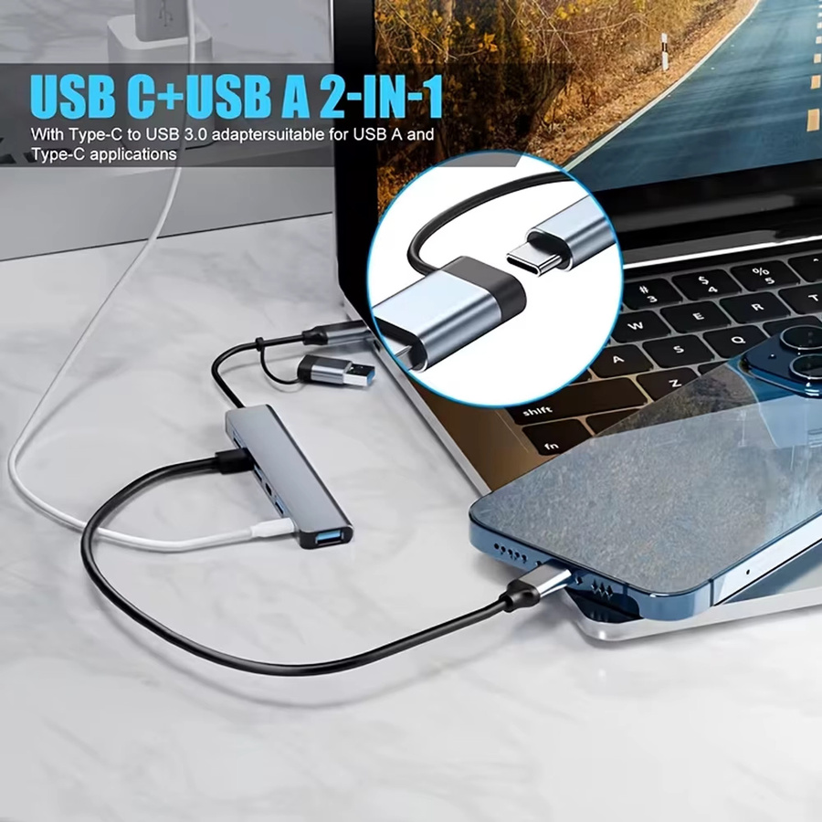 HUB7-in-1 USB-C Splitter aus Aluminiumlegierung mit 2 USB-C und 5 USB-A Anschlüssen, 5 Gbit/s, Ultra Slim, Farbe: Silber/Grau - Bild 6