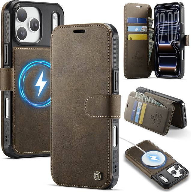 szHAIyu Magnetische PU-Leder-Brieftaschenhülle mit Kartenfach für MagSafe als Flip Cover für iPhone 17 Pro Max, Air 17e, 16e, 15, 14 Plus, 13, 12 in Grün oder Braun - Bild 1