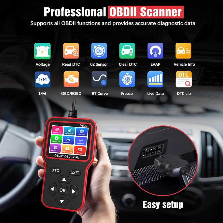 RUOGINSS OBD2-Scanner Diagnosetool in Rot mit Check Engine Light Code Reader, Reset-Funktion, Batterietester und Live-Daten-Anzeige - Bild 3