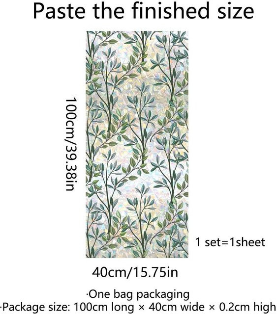 Mango Event Fensterfolie mit grünen Pflanzenblättern und dekorativen Ranken, statisch haftende 3D Buntglasfolie, Breite: 40 cm, Höhe: 100 cm - Bild 1
