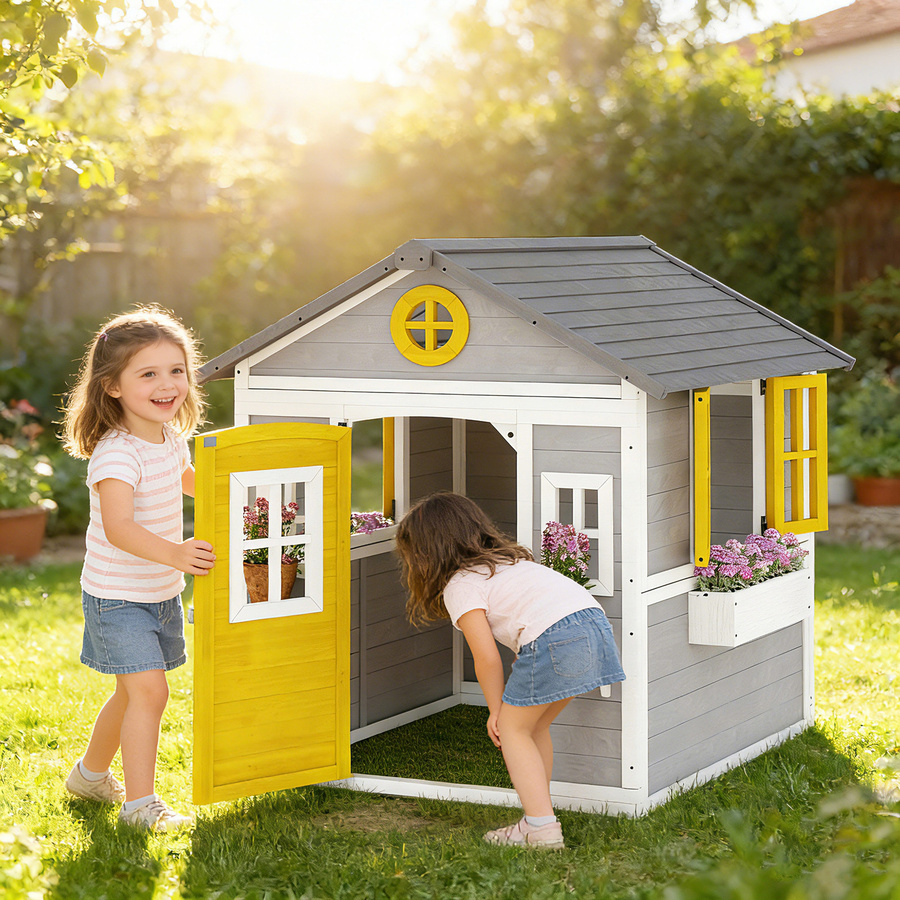 Outsunny Kinderspielhaus aus Holz mit Tür, 6 Fenstern und 2 Blumenkästen in Grau - Bild 2