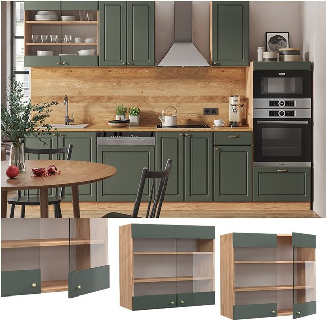 Vicco Hängeglasschrank Fame-Line Küchenschrank Landhaus Eiche Grün-Gold mit Softclose-Scharnieren und Einlegeböden Breite: 80 cm - Bild 1