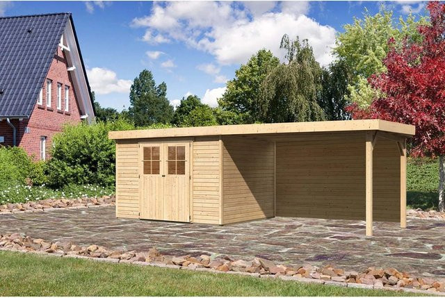 Karibu Holz-Gartenhaus Boras Natur mit Flachdach und modernem Design, Farbe: Braun, B/T/H: 298 x 242 x 211 cm - Bild 1