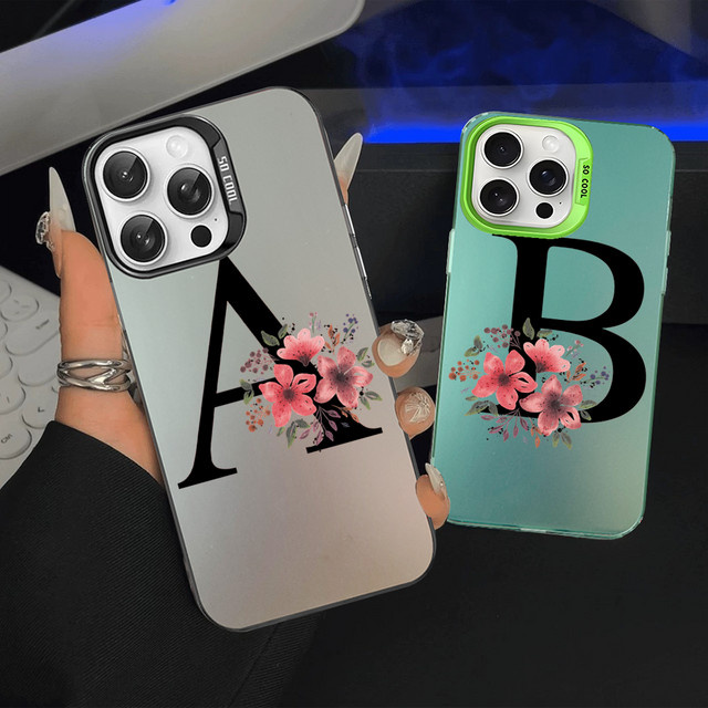 Personalisierte Handyhülle mit pinkem Blumenmuster und Initialen für iPhone 16 15 14 13 12 11 Pro Max Plus von Moetch in Schwarz und Silber - Bild 1