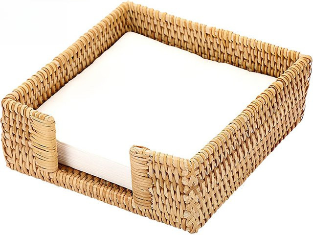 CH CACILLO Taschentuchbox-Halter aus handgewebtem Strohgeflecht in Khaki im Landhausstil, B/T/H: 18,0 x 6,0 x 18,0 cm - Bild 1