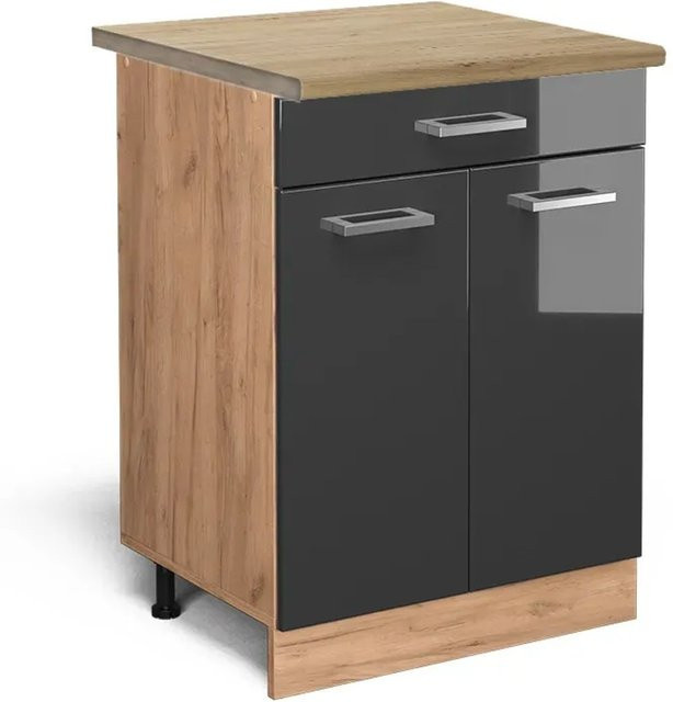 Vicco Küchenunterschrank R-Line in Anthrazit Hochglanz und Eiche mit Schubladen Breite: 60 cm, Höhe: 81,6 cm, Tiefe: 60 cm - Bild 1