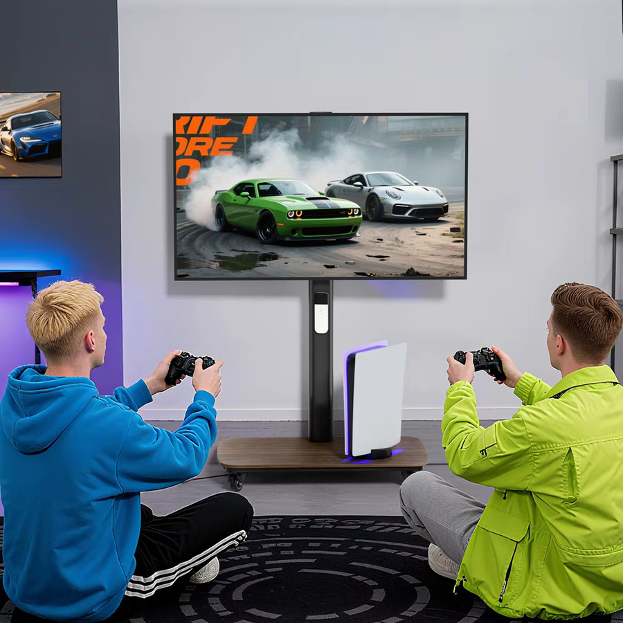 Elektrisch höhenverstellbarer TV-Ständer von unho als freistehender Rollwagen für 37-77 Zoll Fernseher in Schwarz Matt - Bild 8