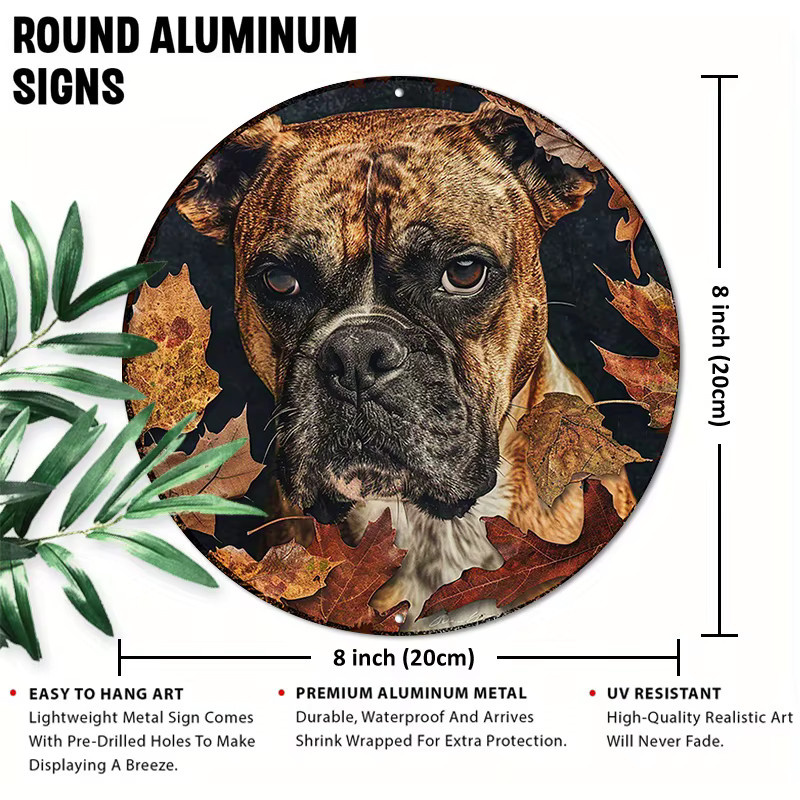 Rundes Aluminiumschild Potdemiel mit Boxer-Hund und Herbstblättern als Metall-Wanddekoration, Durchmesser: 20,32 cm, Mehrfarbig - Bild 2