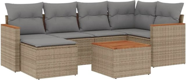 vidaXL 7-tlg Garten-Sofagarnitur in L-Form aus Poly-Rattan und Akazienholz mit Kissen in Beige - Bild 1