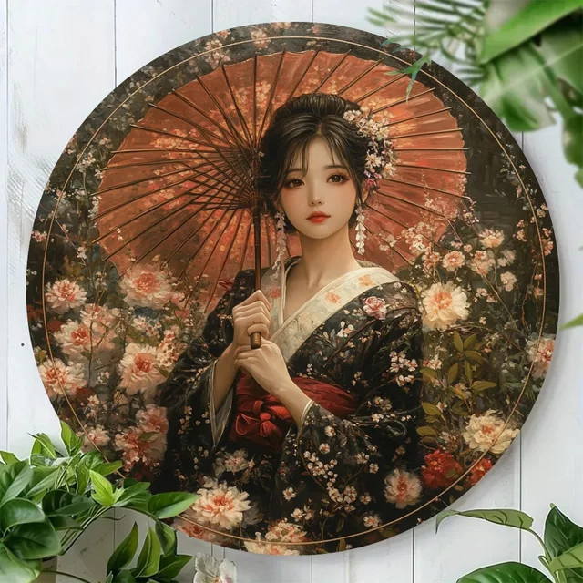 Japanische Geisha Metallwandkunst von UMBRELLA, rundes Aluminiumschild in Multicolour, Durchmesser: 20 cm - Bild 1