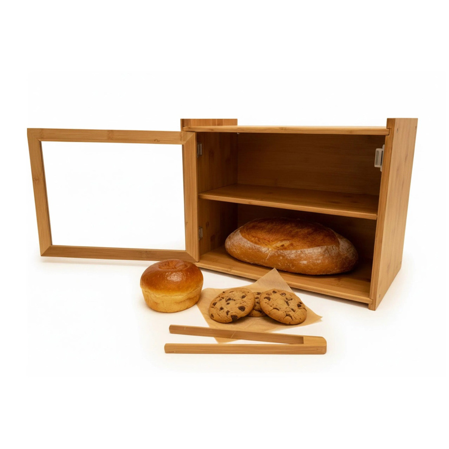 Relaxdays Brotkasten aus Bambus in Natur mit 2 Etagen und Sichtfenster, Farbe: Braun, B/T/H: 40 x 31 x 17,5 cm - Bild 2
