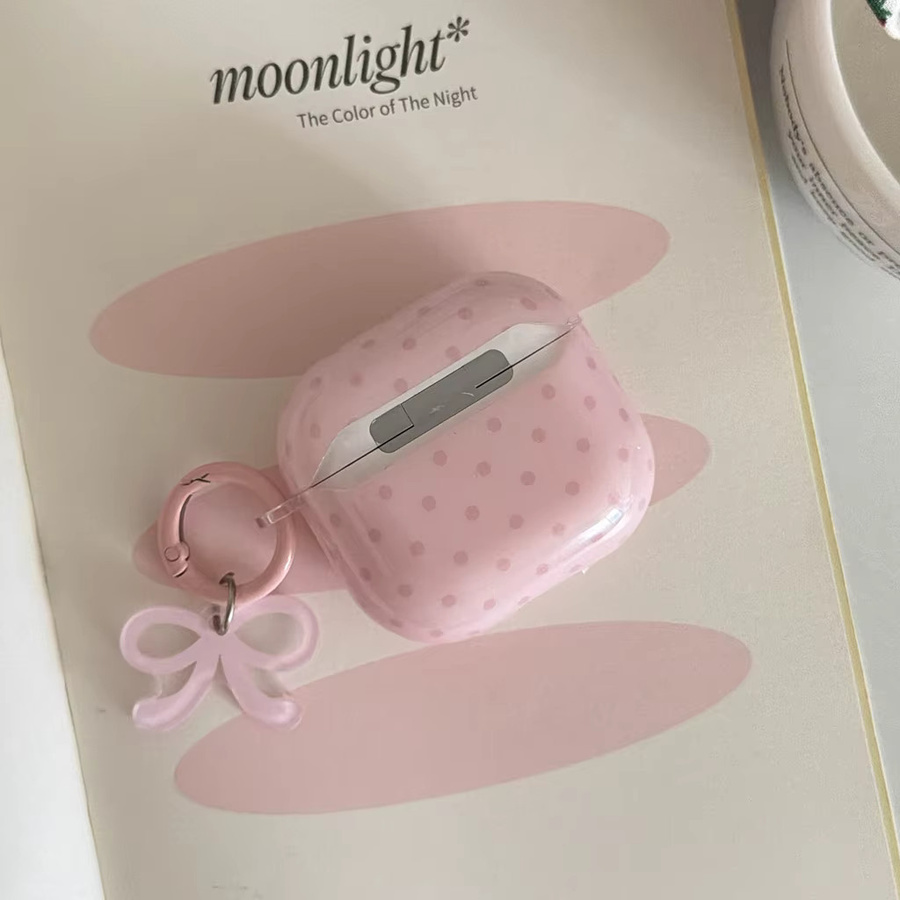 Glänzende AirPods Schutzhülle von Apple in Rosa mit Kirschblüten-Polka-Dot-Muster und Schleifenanhänger für AirPods 1 2 3 4 Pro 2 Pro 3 - Bild 2