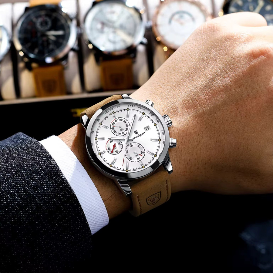 POEDAGAR Armbanduhr, Chronograph, Quarz, Leder, Herren, Schwarz - Bild 5
