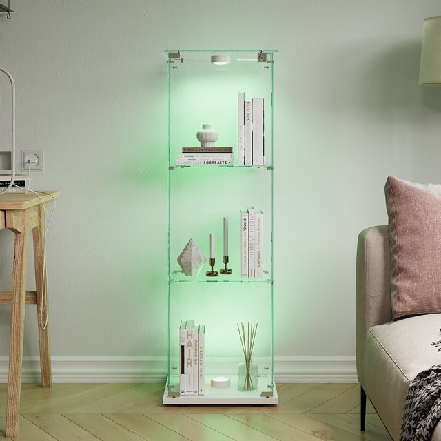 Comanlai 3-Schichtige Glasvitrine mit LED-Beleuchtung und Schloss in Weiß - Bild 1