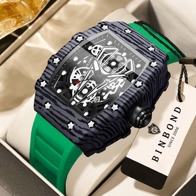 BINBOND Armbanduhr, Quarz, Tonneau, Schwarz, Silikon, Herren - Bild 1