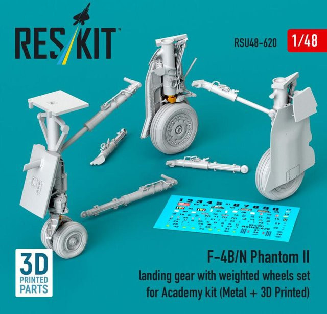 Academy F-4B/N Phantom II Landing Gear with Weighted Wheels Set, Metal + 3D Printed - Bild 1