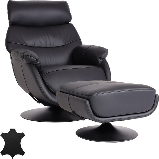 MCW Relaxsessel mit Hocker MCW-K99 in Schwarz aus Echtleder und Kunstleder mit Wippfunktion und Drehfunktion - Bild 1